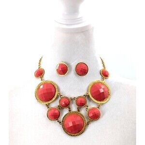 Coral Orange Gold Tone Chunky Y2K Statement Necklace Pierced Stud Earrings Set
